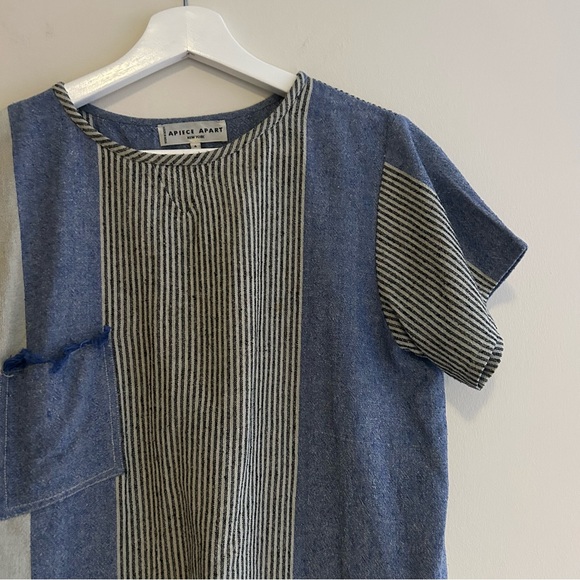 Apiece Apart Navy Blue White Stripe Top Boho Fringe Silk Contrast Short Sleeve - Picture 2 of 8